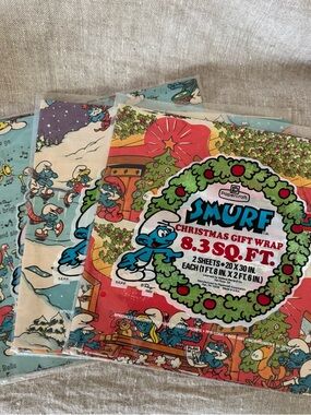 vintage 1980s Smurf Christmas gift wrap unused 3 packs
